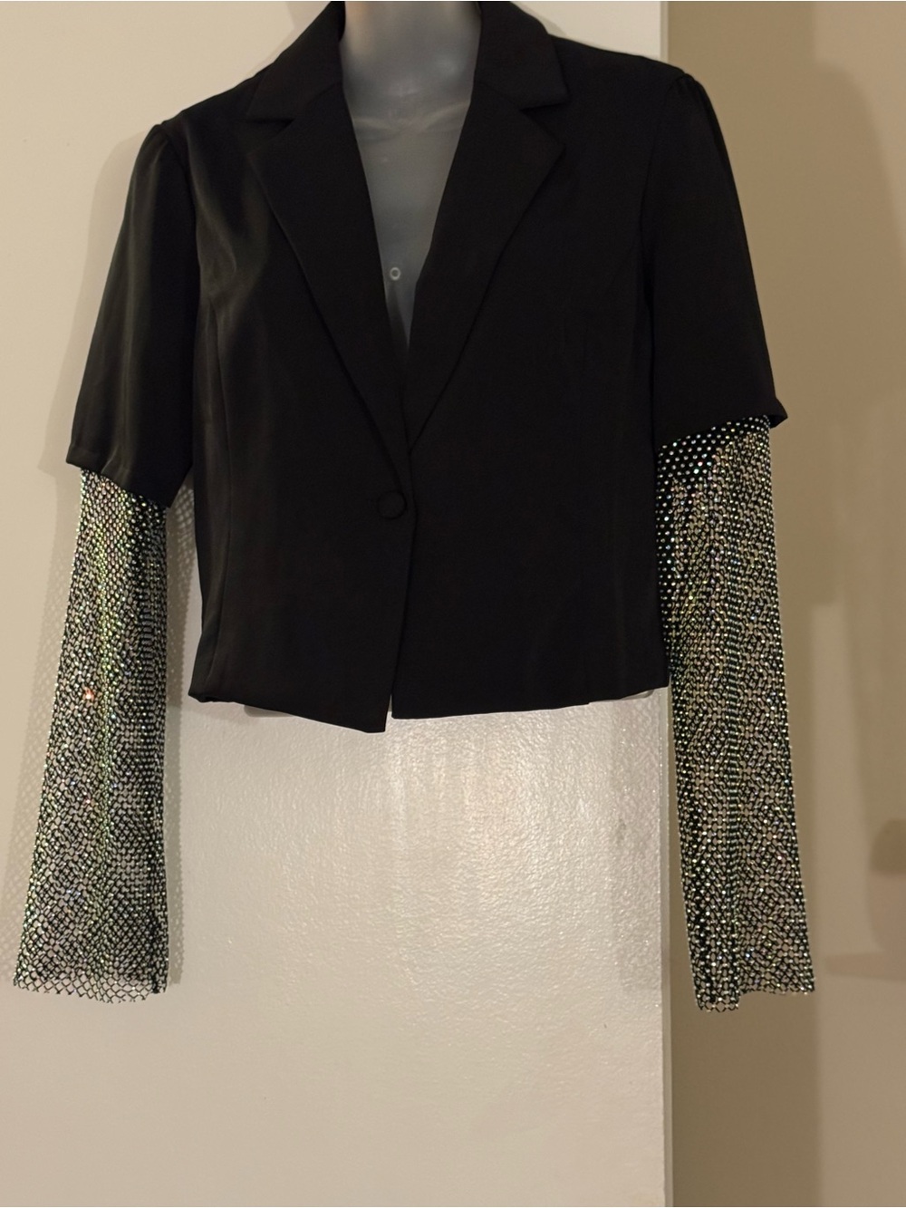 Black Cropped Blazer with Sparkling Mesh Sleeves